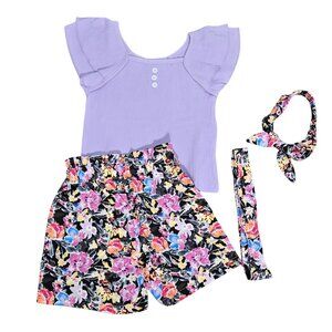 NWOT | Lavender Purple Ribbed Flutter Sleeve Top & Floral Shorts 3pc Set | 4-5Y